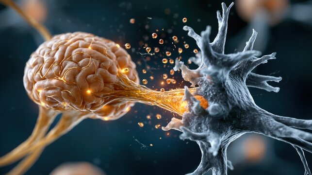 Extreme macro photorealistic render of a damaged synaptic connection between two neurons in the speech cortex, one neuron healthy glowing gold