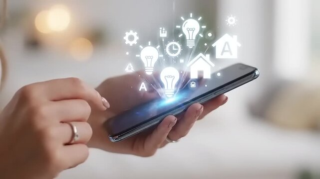 Close-up of hands using a smartphone to interact with holographic smart home icons