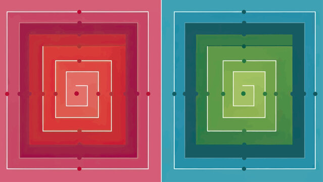Two concentric square patterns, one red gradient, one blue-green gradient