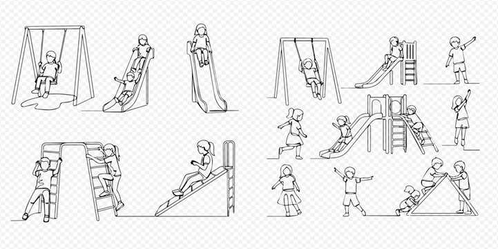 Children playing on playground equipment, including swings, slides, and monkey bars, in a continuous line art style.