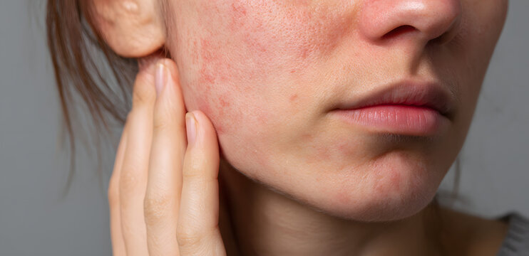 A close-up of a young woman's face showing noticeable skin irritation and redness, inflamed, dry, and textured skin. The concept of sensitive skin, allergies, inflammation, and skincare problems is ex