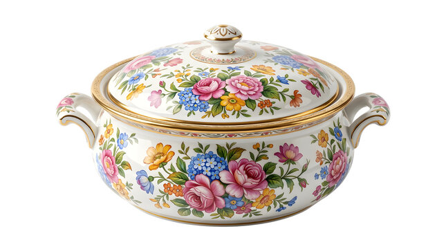Vintage floral porcelain tureen with lid, elegant ceramic soup bowl with gold trim, antique style dinnerware with colorful flower pattern
