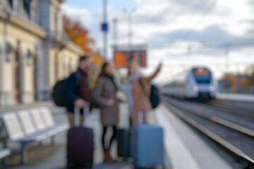 Fototapeta premium Blurry commuter scene at a railway terminal with tourists and arriving train.