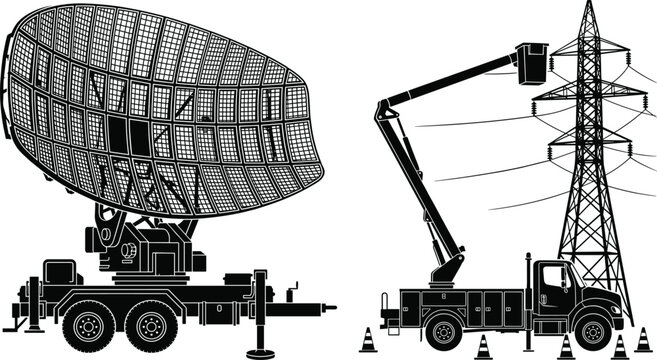 Radar antenna and electrical utility truck repairing power lines silhouettes isolated on white background industrial technology set