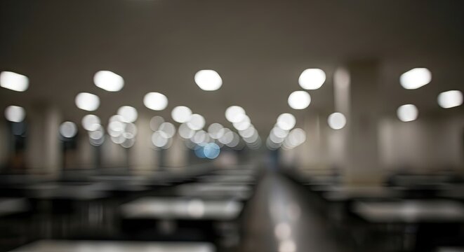Blurred background of a large empty cafeteria with bright overhead lights.