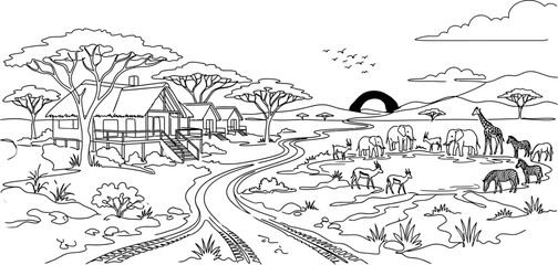 Fototapeta premium African Safari Landscape Line Art Illustration for Travel Branding