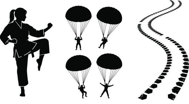 Martial artist parachute skydiving silhouettes and tire track marks collection isolated on white background dynamic action set