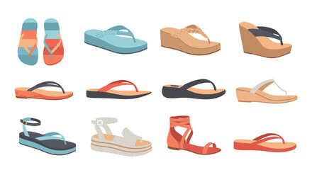 Obraz premium Assorted sandals and flip flops in different styles, colors, and materials for casual and summer wear.