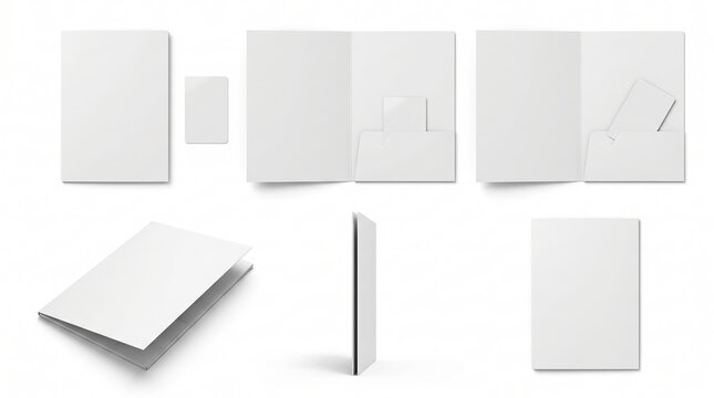 Set of blank white presentation folders and business cards on white background