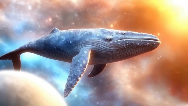 Mystical cosmic whale gliding through vibrant nebulae in space art