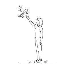 Fototapeta premium Woman Releasing Birds Freedom Hope Optimism Concept Outline Art