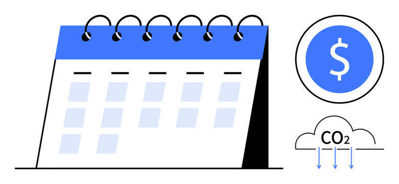 Financial planning, carbon management, eco-friendly initiatives, sustainability assessments, environmental budgeting, net-zero goals. Desk calendar, dollar sign CO2 emission icon. Financial planning