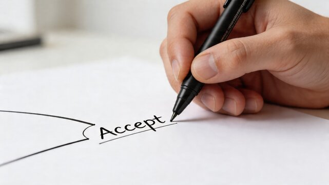 A hand holding a pen and writing the word Accept on a piece of paper with a decision tree diagram, illustrating a risk management and assessment process.
