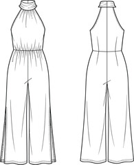Women Halter Neck Wide Leg Jumpsuit Technical Fashion Flat Sketch Vector for Apparel Design and Clothing Production © Nahar999