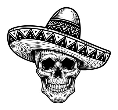 Skull Wearing Mexican Sombrero Hat in Detailed Vintage Black and White Line Art Illustration Design