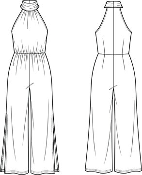 Women Halter Neck Wide Leg Jumpsuit Technical Fashion Flat Sketch Vector for Apparel Design and Clothing Production