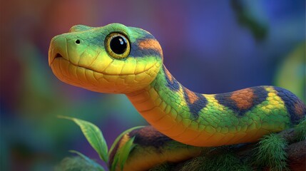 Fototapeta premium Colorful snake sits on a branch among green leaves in a bright environment during the day in a forest setting