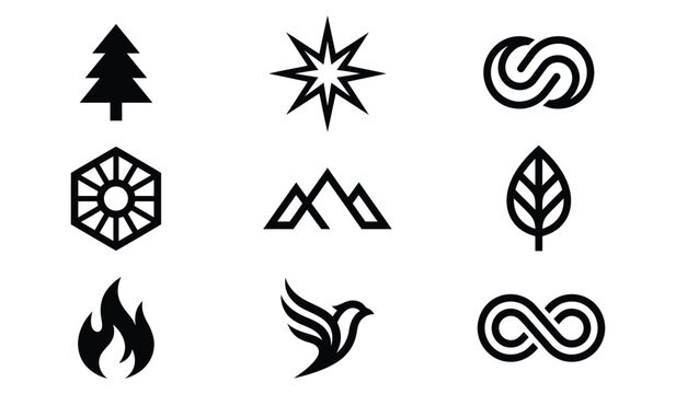 Collection of various nature and abstract icons including trees stars and infinite loops.