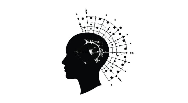 Human head profile silhouette with abstract geometric and circuit patterns emerging from the brain area.