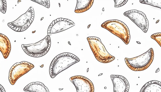Hand-drawn empanada doodles seamless pattern in flat 2D line art on white background