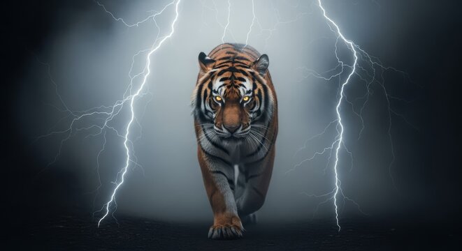 Fierce tiger walks through a dramatic lightning storm with glowing eyes, embodying raw power and untamed energy.
