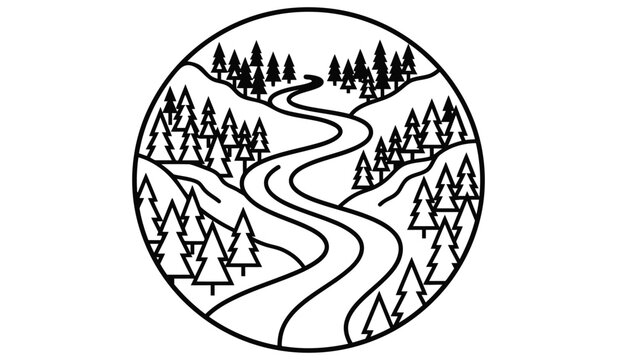 Circular landscape with winding river and pine trees.