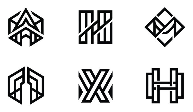 Set of six geometric logo designs featuring modern abstract shapes and monogram letters.