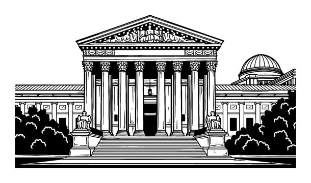 Supreme Court Building Facade in Detailed Vintage Black and White Line Art Illustration Design