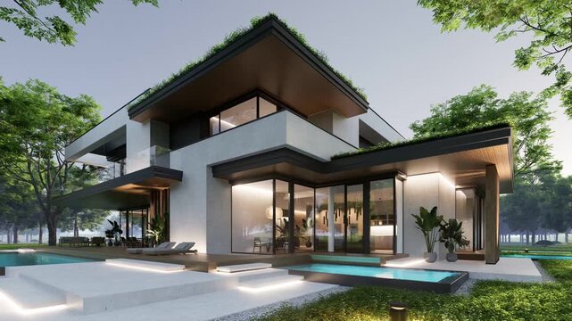 4K video rendering of two-story house with parking and pool for sale or rent with concrete facade and beautiful landscaping Clear summer evening with cozy light from window
