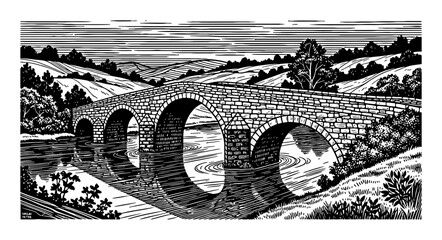 Naklejka premium Old Stone Bridge over River Landscape in Detailed Vintage Black and White Line Art Illustration