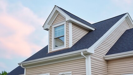 Fototapeta premium Close-up of a beige vinyl-sided house with a dormer window and dark asphalt shingle roof against a soft pink and blue sky