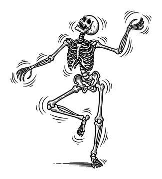 Happy Dancing Human Skeleton Character in Detailed Vintage Black and White Line Art Illustration