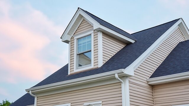 Close-up of a beige vinyl-sided house with a dormer window and dark asphalt shingle roof against a soft pink and blue sky