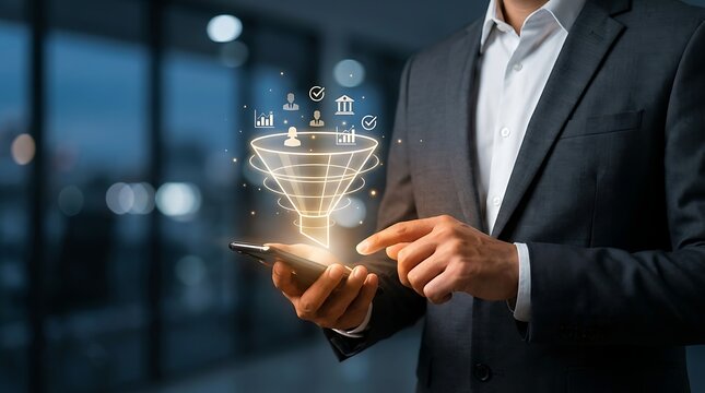 Business concept of digital marketing funnel with icons and mobile phone in hand