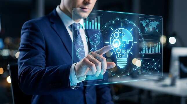 A businessman in a suit interacting with a futuristic holographic display showing a glowing light bulb icon with puzzle pieces and data charts