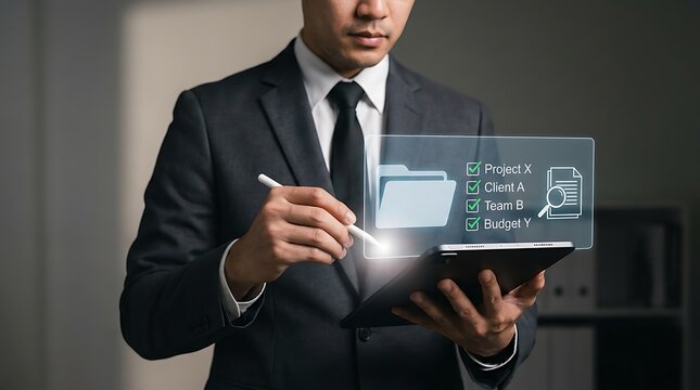 A businessman in a suit uses a stylus to interact with a digital interface displaying project folders and a search icon, representing data management and organization