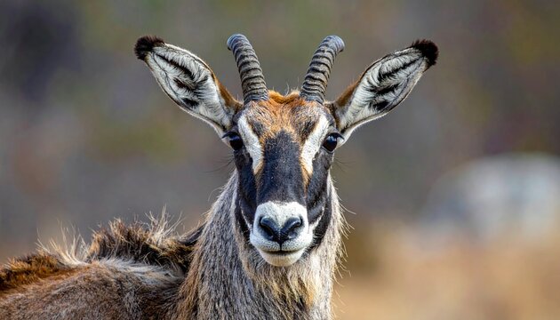 Roan antelope with ringed horns and tufted ears in close-up wildlife portrait against blurred natural background