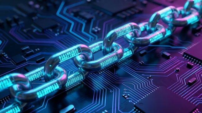 A digital representation of blockchain technology, with interconnected links forming a chain against a backdrop of circuitry and glowing lights.