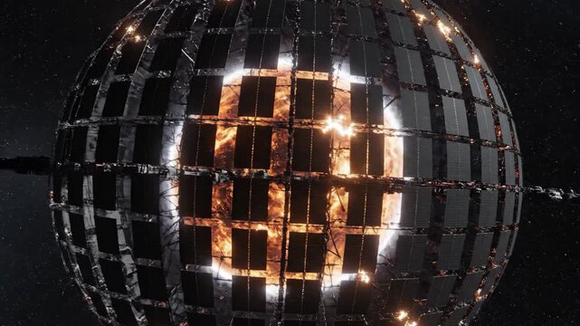 A complex metallic megastructure cage resembling a fully enclosed Dyson sphere floating in outer space. This high-tech 3D rendered scifi asset features intricate geometric grid patterns with a distant