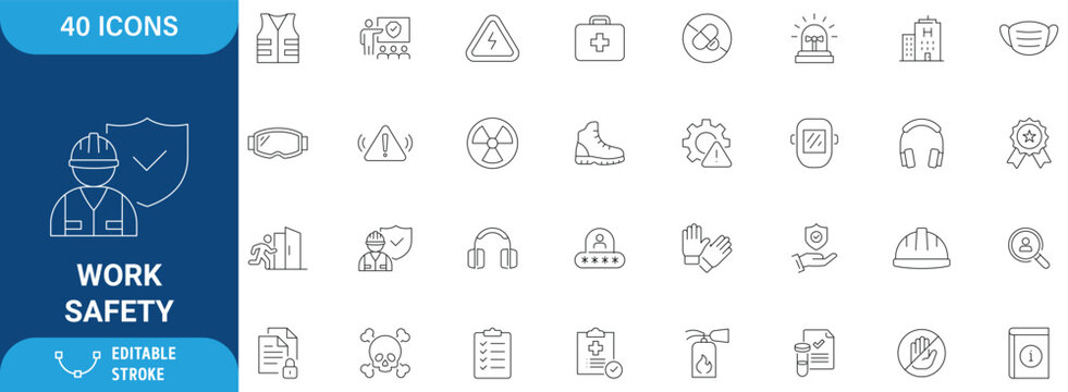Work safety icon set. Containing workplace security, Safety first, hard hat, insurance, first aid kit, risk management, regulation, and more. editable stroke. Vector illustration