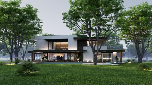 4K video rendering of two-story house with parking and pool for sale or rent with concrete facade and beautiful landscaping Clear summer evening with cozy light from window