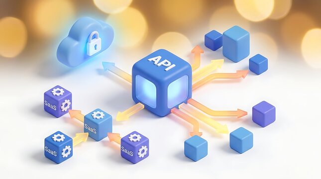 An abstract 3D illustration representing Application Programming Interface (API) connectivity and data flow, with a secure cloud icon in the background.