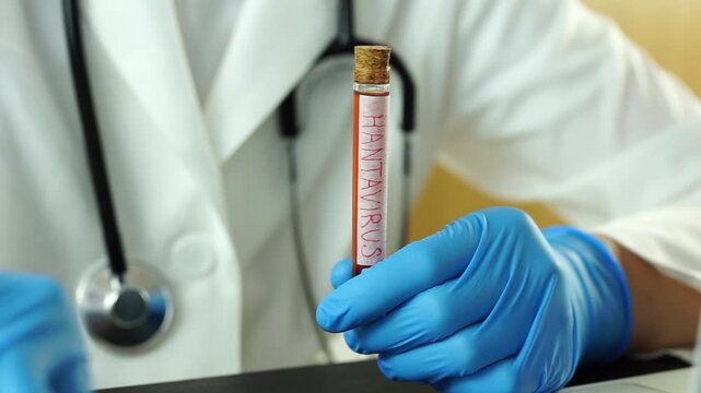 hantavirus test tube medical scientist hands closing blood sample vial lab research worker typing on laptop outbreak epidemic concept of medicine, healthcare, science