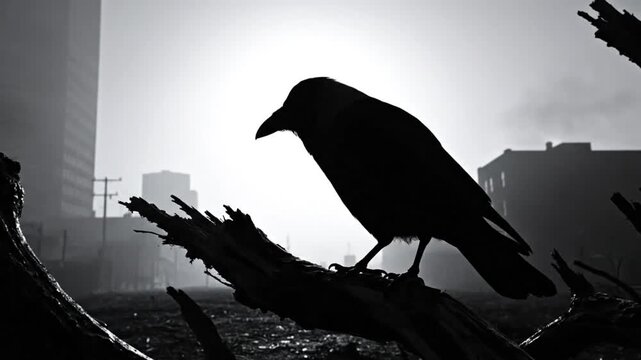 Black and white silhouette of a raven perched on a weathered branch with urban background and bright sun