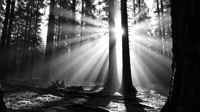 Black and White Forest Scene with Sunbeams Shining Through the Trees during Daytime in Nature