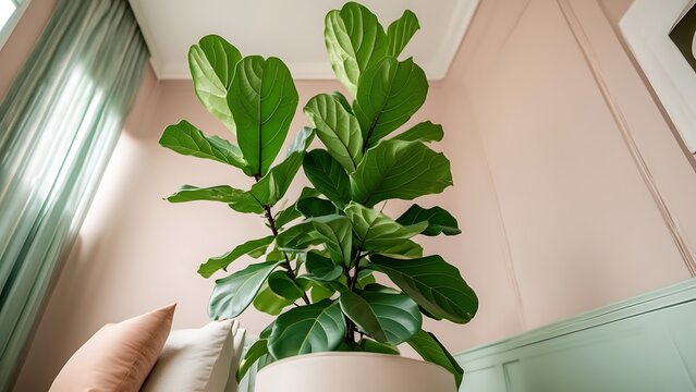 Lush green fiddle leaf fig plant with large leaves in a light pink room with mint green curtains and furniture