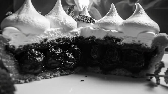 Black and white close up of a delicious cherry tart with meringue and mint leaves, with light bulb and smoke