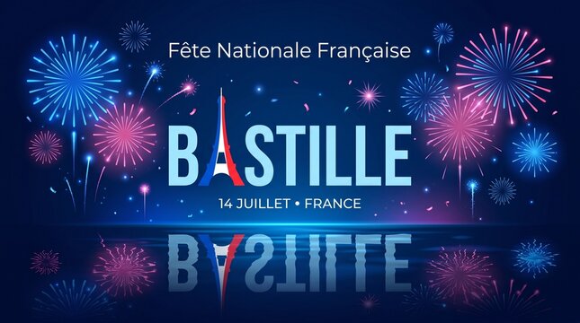 Bastille day celebration banner with eiffel tower and fireworks in the night sky of france