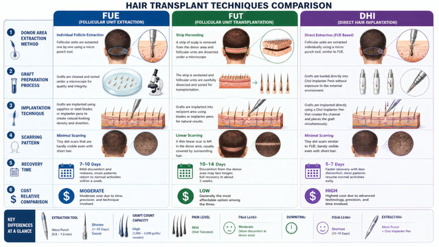 Hair Transplant Techniques Comparison: FUE vs FUT vs DHI - Medical Infographic
