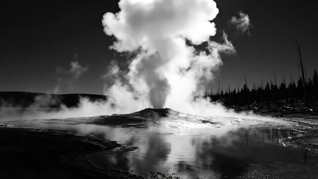 Black and white geyser eruption in Yellowstone National Park with reflections in the water showing steam and smoke